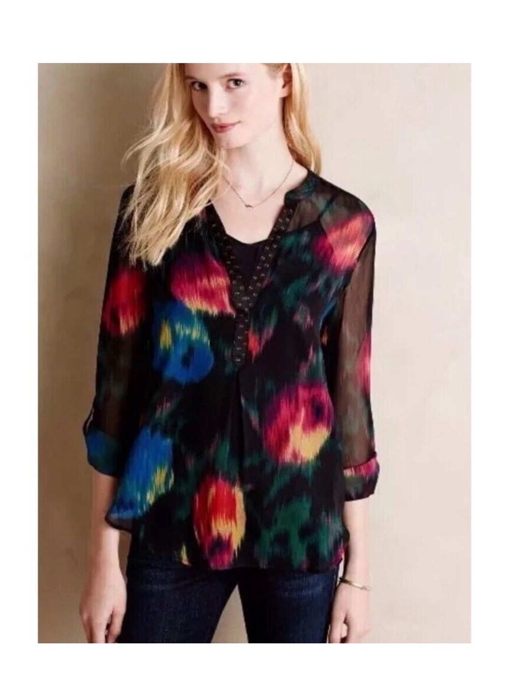 Black Sheer Blouse with Multicolor Abstract Bloom Print